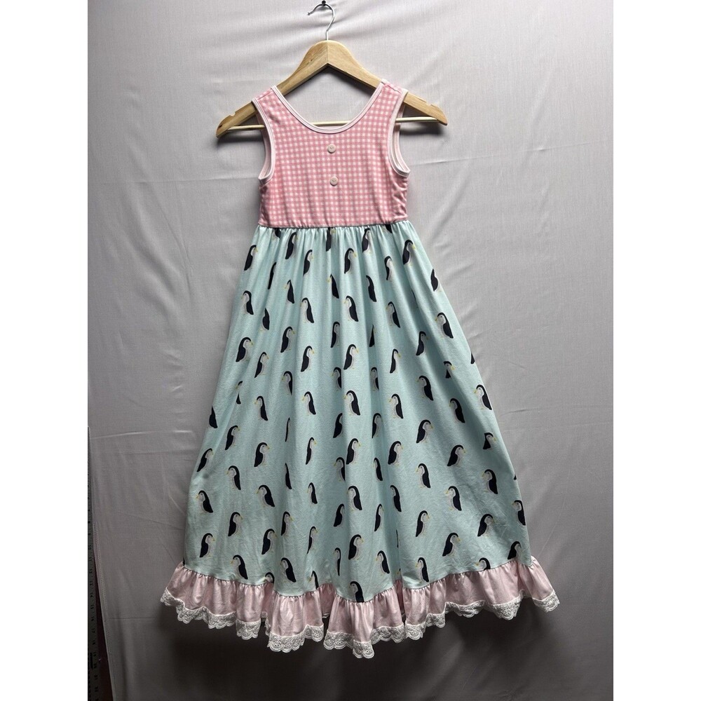 Jane & Jo Girls 8 Youth Penguin Blue Pink Maxi Dress Buttons Pockets Boutique